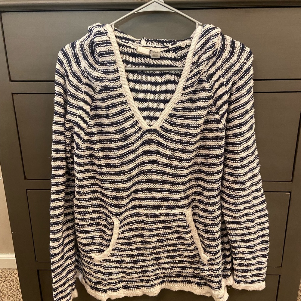 Roxy Navy and White Striped V-Neck Hoodie Sweater, size XL